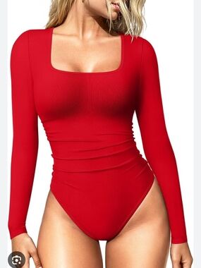 NWOT Women's Plus Size Red Square-Neck Long Sleeve Bodysuit